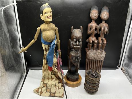 INDONESIAN SHADOW PUPPET, AFRICAN CARVINGS, ETC