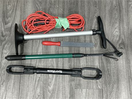 ASSORTED TOOLS/MISC. LOT - TIRE PUMP, EXTENSION CORD + OTHERS