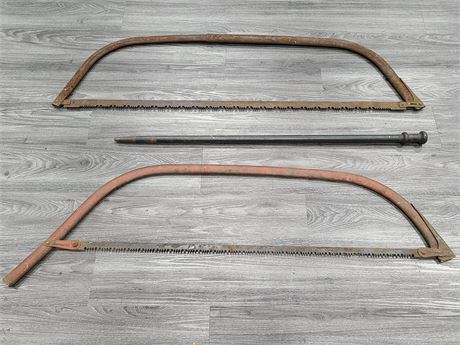 2 ANTIQUE LARGE BOW SAWS & METAL POLE SPIKE