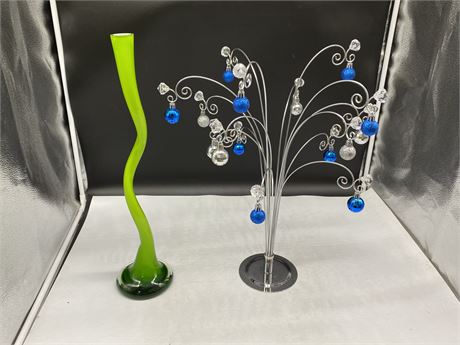 UNIQUE GREEN GLASS VASE & MINI DISCO BALL DECORATION (20” tall)
