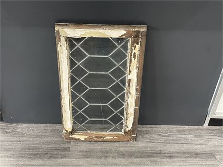 VINTAGE LEADED GLASS WINDOW - CRACKED ON ONE SIDE - 28”x16”