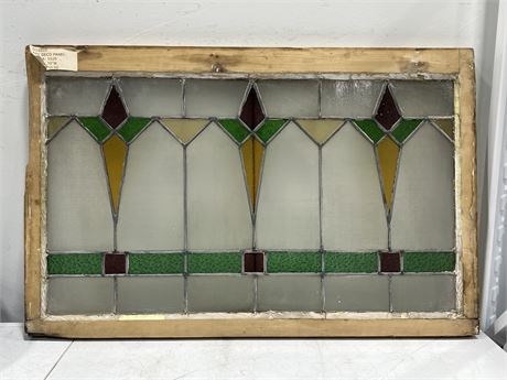 VINTAGE FRAMED STAINED / LEADED GLASS WINDOW (39”x25”)