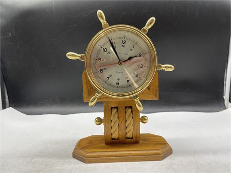 HEAVY NAUTICAL SOLID BRASS CLOCK WITH WOODEN BASE (9”x12”)