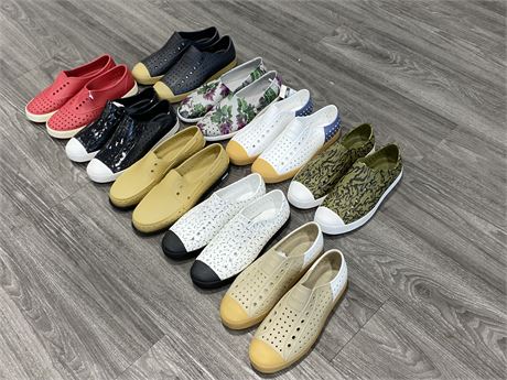9 BRAND NEW PAIRS OF NATIVE BRAND SHOES (APPROX SIZE MENS 8.5-10)