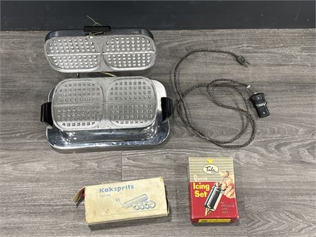 VINTAGE WAFFLE MAKER, COOKIE PRESE AND ICING PRESS