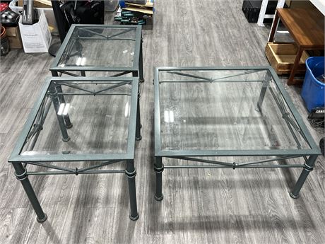 METAL / GLASS COFFEE TABLE / SIDE TABLE SET (Coffee table is 36”x36”x16”