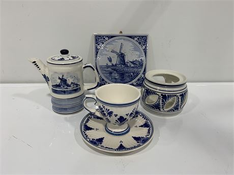 DELFT SMALL TRAPOT AND WARMER W/TEACUP AND SAUCER + TILE