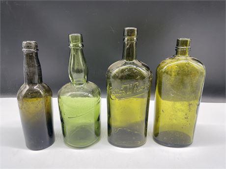 LOT OF 4 GREEN GLASS WHISKEY BOTTLES