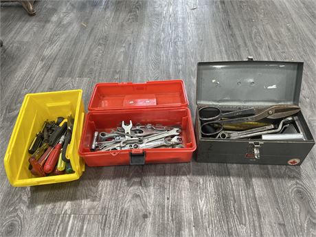 2 TOOL BOXES + LARGE BIN OF ASSORTED WRENCHES & SCREWDRIVERS