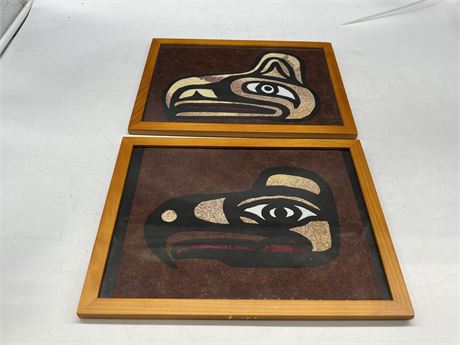 2 INDIGENOUS FRAMED CLOTH PICTURES (12”x9.5”)