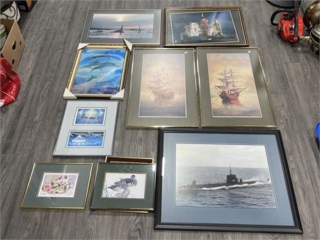 LOT OF FRAMED PRINTS & PICTURES (Largest bottom right is 29.5”x25”)