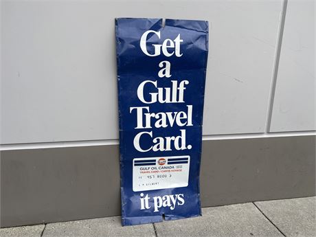 VERY LARGE VINTAGE GULF OIL TRAVEL CARD METAL SIGN - 75”x32”
