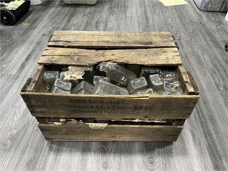 1920’s CRATE OF APOTHECARY BOTTLES 22”x15”x13”