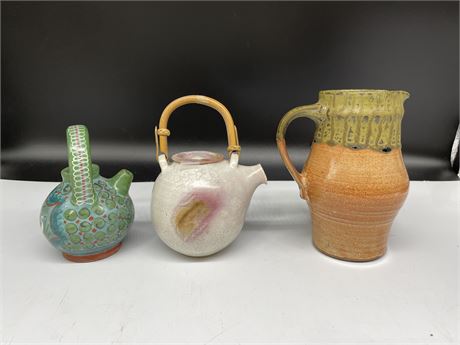 3PC OF POTTERY (2 ARE SIGNED - LARGEST PIECE 7” TALL)
