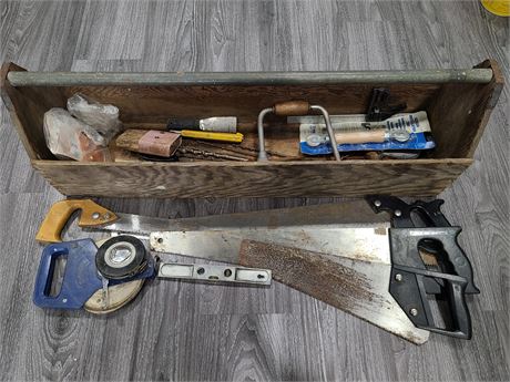 LOTS OF TOOLS WITH LONG WOOD BOX