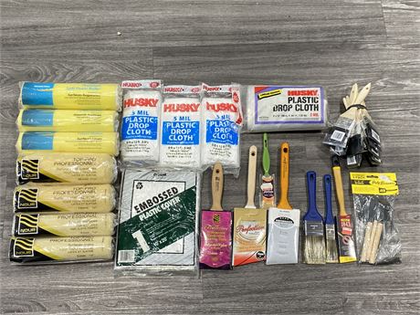 LOT OF NEW PAINT ROLLERS, BRUSHES, + DROP SHEETS