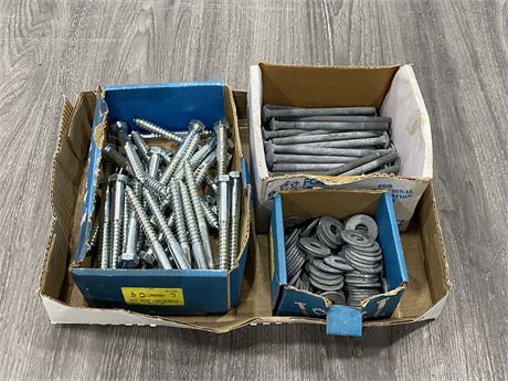 LOT OF LARGE LAG BOLTS, WASHERS & BOLTS