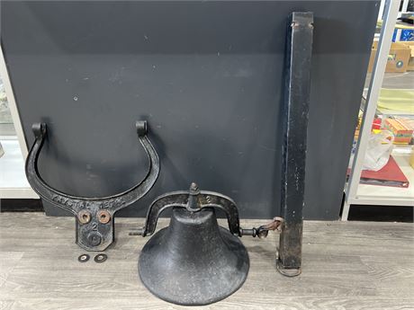 LARGE VINTAGE CAST IRON BELL WITH STAND -15” DIAM 15” TALL