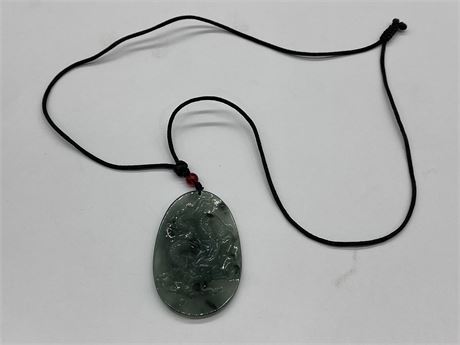 LARGE CARVED JADE DRAGON PENDANT (NECKLACE IS 24” / PENDANT IS 1.5”X2.5”)