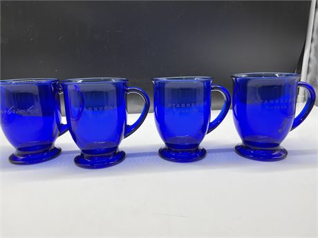 4 BLUE STARBUCKS GLASS MUGS