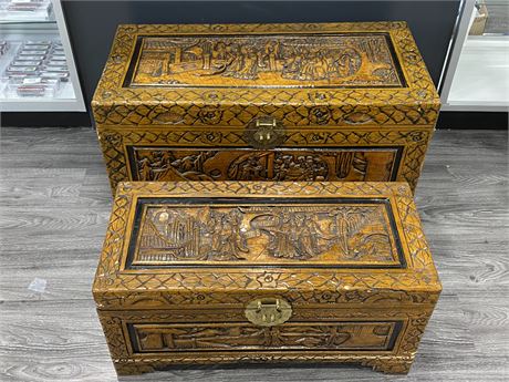 2 HAND CARVED ASAIN WOOD CHESTS (Large one is 17”x34”x18”)