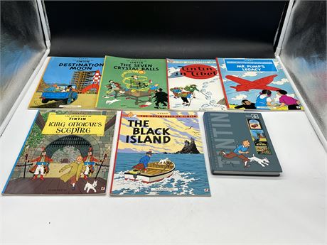 7 ADVENTURES OF TIN TIN BOOKS INCLUDING 1 HARDCOVER