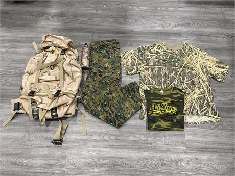 CAMO LOT - BACKPACK, PANTS, 2 T-SHIRTS & WATER BOTTLE