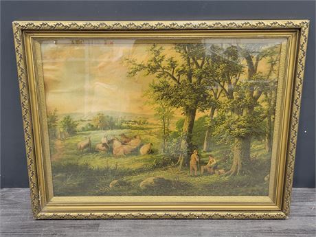 "AT THE PASTURE EVENING" GLASS FRAMED ANTIQUE PICTURE (31"x23")