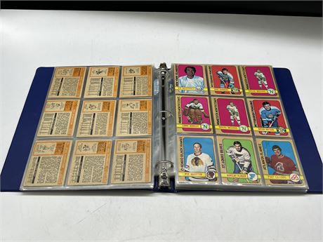 BINDER OF 1972 OPC NHL CARDS - MAJORITY HAVE WRITING ON FACE OF CARDS