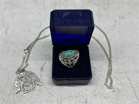 SILVER PLATED RING W/STONE & INDIGENOUS PENDANT W/925 CHAIN