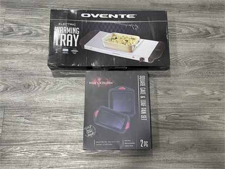 OVENTE ELECTRIC WARMING TRAY 17”x10” & HELL’S KITCHEN CAKE PAN SET