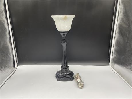 VINTAGE METAL TABLE LAMP W/GLASS SHADE (17” tall)
