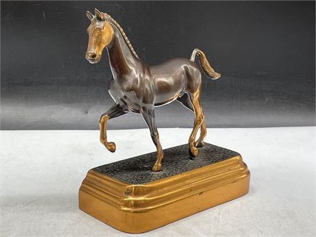 BRONZED METAL HORSE FIGURE ON STAND (7”x9”)