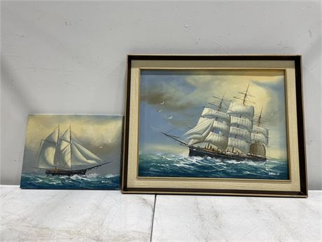 2 VINTAGE SIGNED OIL PAINTINGS OF SHIPS ON CANVAS - 22” X 28”