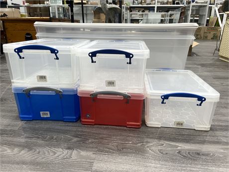 7 STORAGE CONTAINERS - 5 SMALL 14”x10”x6” & 2 LARGE 34”x15”x13”