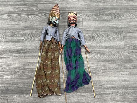 2 VINTAGE WAYANG HAND CARVED / PAINTED PUPPETS - 27” LONG