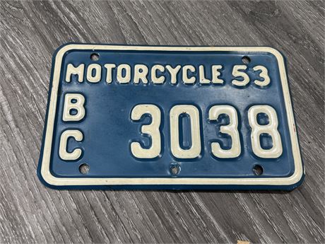 SUPER RARE 1953 BC MOTORCYCLE LICENSE PLATE