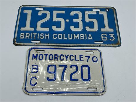 1970 BC MOTORCYCLE LICENSE PLATE & BC 1963 BC PLATE