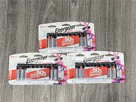 3 NEW PACKS OF ENERGIZER AA BATTERIES (20 / PACKAGE 60 TOTAL)
