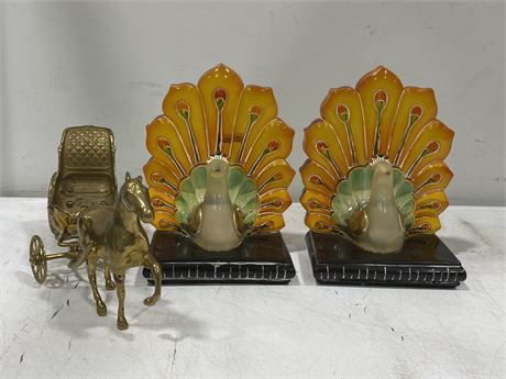 2 VINTAGE HEAVY LUCITE PEACOCK BOOKENDS (7”X9”) & BRASS HORSE CARRIAGE