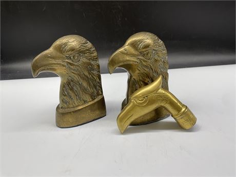 HEAVY BRASS EAGLE BOOKENDS WITH BRASS EAGLE CANE TOPPER - 6” TALL