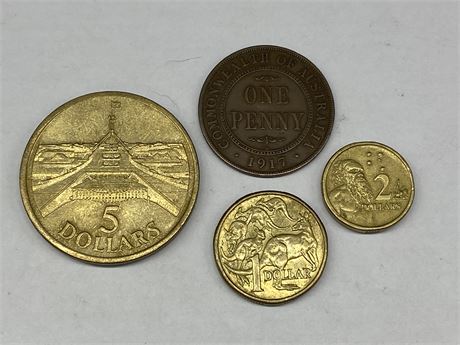 AUSTRALIA COINS - $5 COIN, $2 COIN, $1 COIN, 1 CENT 1917