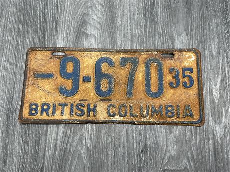 1935 BRITISH COLUMBIA LICENSE PLATE