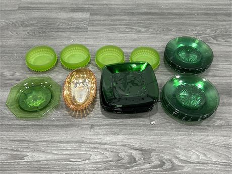 LOT OF GREEN GLASS & CANDY DISH BOWL