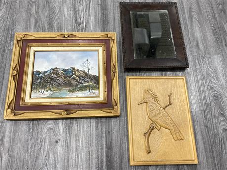OLD STYLE MIRROR, BIRD WOOD CARVING, & ORIGINAL PAINTING