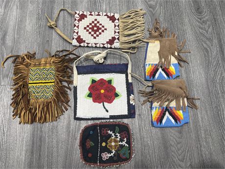 6PC OF VINTAGE FIRST NATIONS BEAD WORK POUCHES & ECT - LARGEST IS 9”