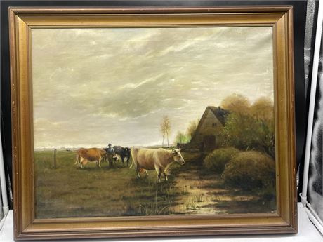 SIGNED ANTIQUE DYKMAN ANTIQUE OIL ON CANVAS PAINTING 27”x23”