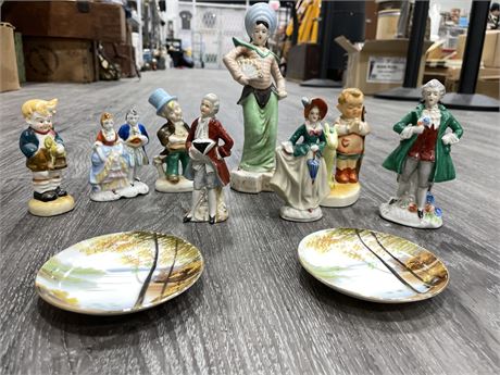 8 OCCUPIED JAPANESE (1945-1952) FIGURINES + 2 SMALL PLATES  4”