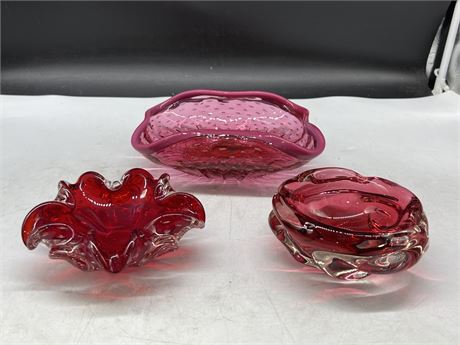 3 PINK / RED ART GLASS DISHES (Largest is 8” wide)