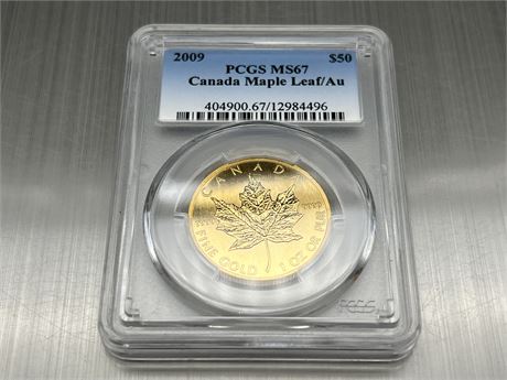 HIGH GRADE 1 OZ FINE GOLD $50 CDN MAPLE LEAF COIN - PCGS MS67
